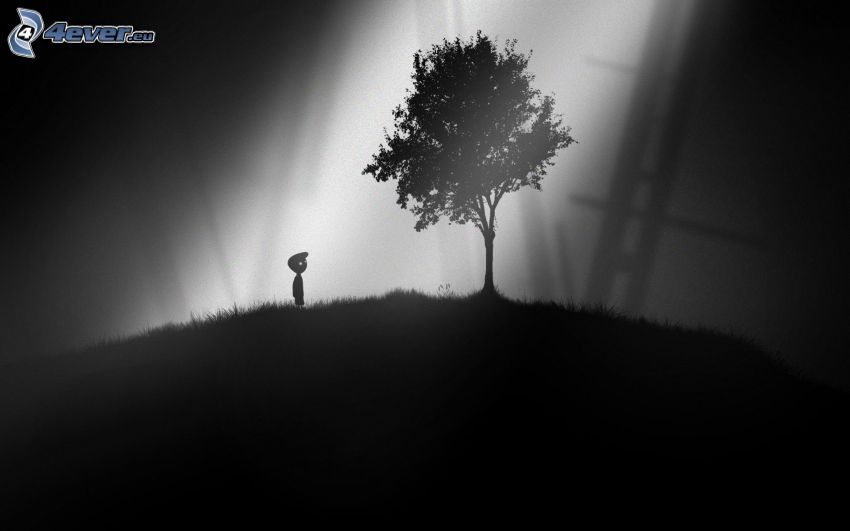 Limbo, silhuett av pojke, siluett av ett träd