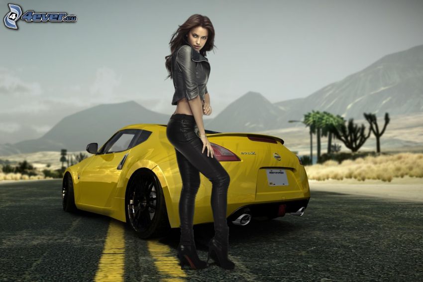 Need For Speed, smal sexig brunett, Nissan 370Z