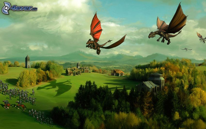 SpellForce, flygande drake, tecknat landskap