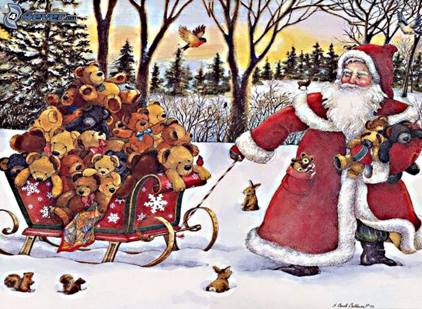 Jultomten, släde, nallar, gåvor, snö, tecknat