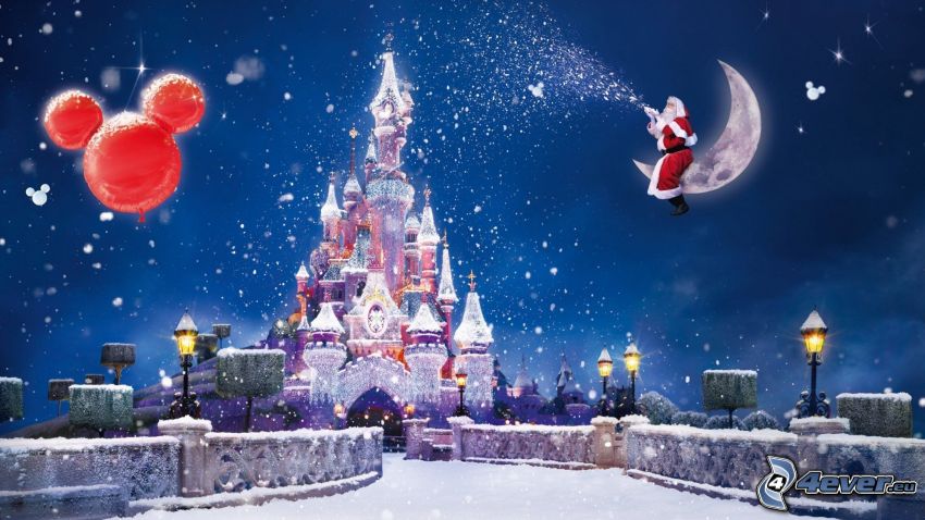 palats, måne, Santa Claus, snöigt landskap, tecknat