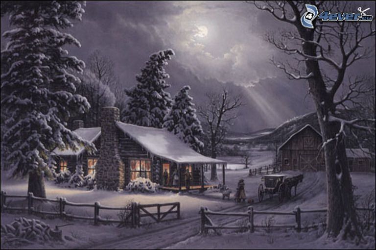 snöig stuga, barrträd, häst och vagn, gammalt snötäckt staket, tecknat, Thomas Kinkade