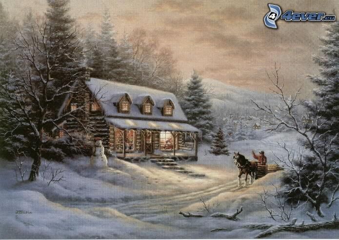 snöig stuga, tecknat hus, Thomas Kinkade
