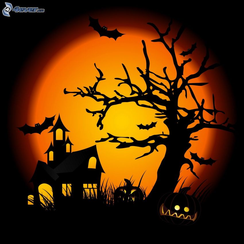spökhus, kusligt träd, halloween pumpor