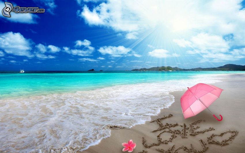 hav, sandstrand, I love you, paraply, rosa blomma