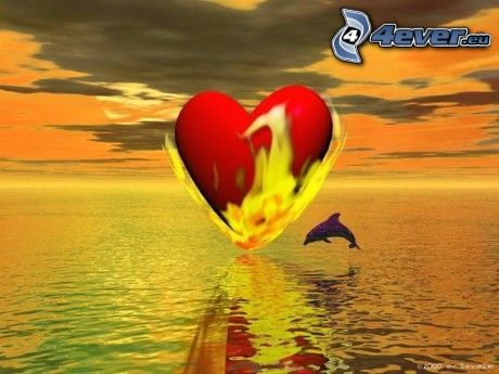 eldhjärta, flamma, hoppande delfin, hav, orange himmel