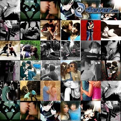 kärt collage, kärlek, kyss, kram, par