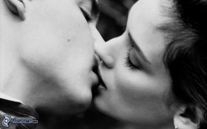 par, kyss, svartvitt foto