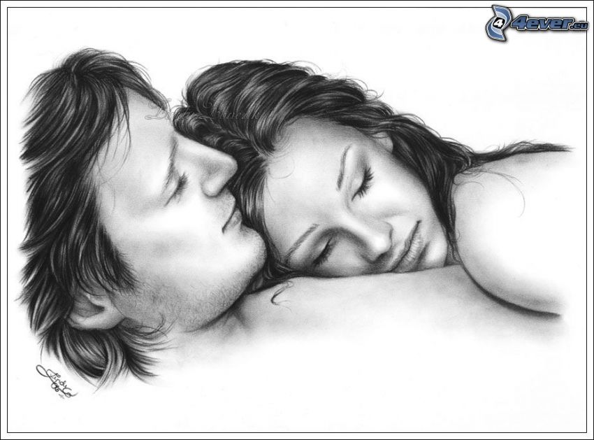 tecknat par, kram i säng, sömn