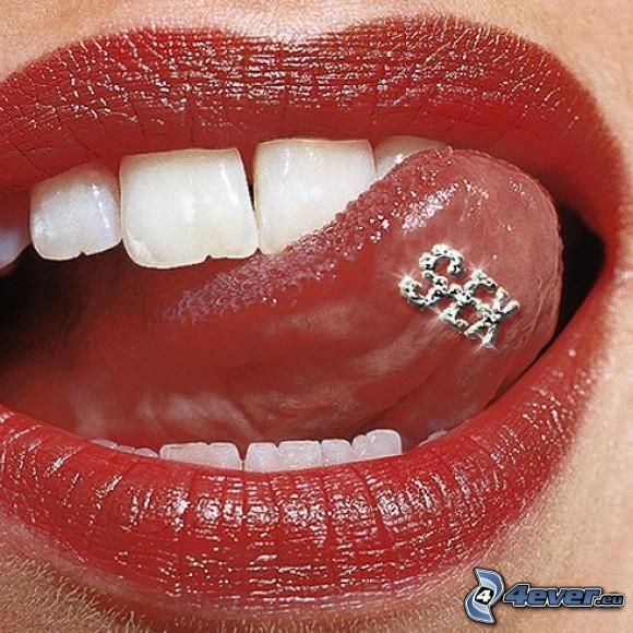 piercing, sex, läppar, tunga, vita tänder