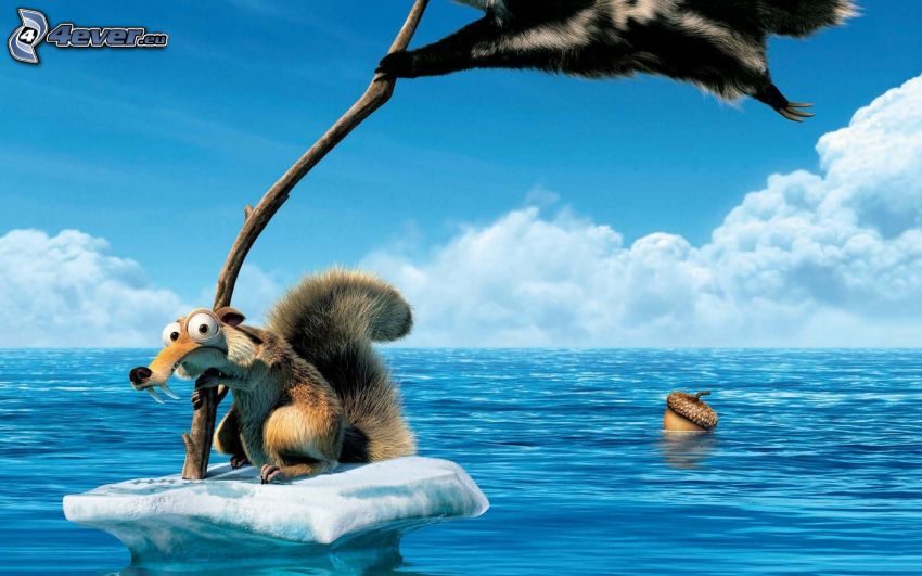 ekorre från filmen Ice Age, isflak, flagga, vatten, ekollon
