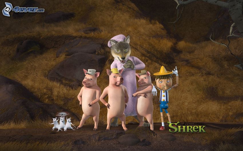 Shrek, varg, de tre små grisarna, Pinocchio