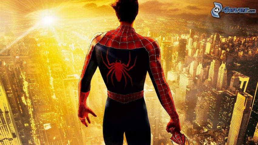 Spiderman, solnedgång över stad