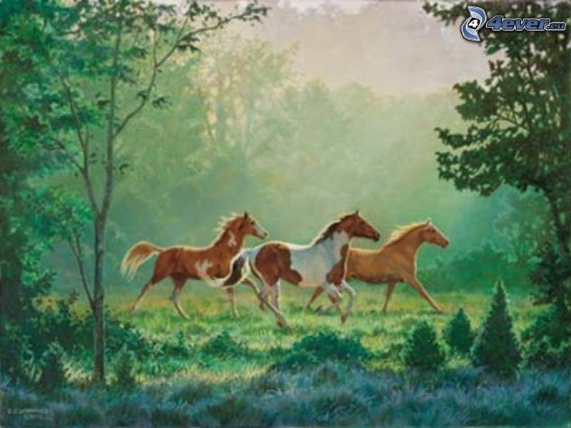 hästar på äng, tecknade hästar, träd, natur