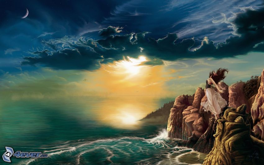 kvinna på klippa, solnedgång, moln, hav