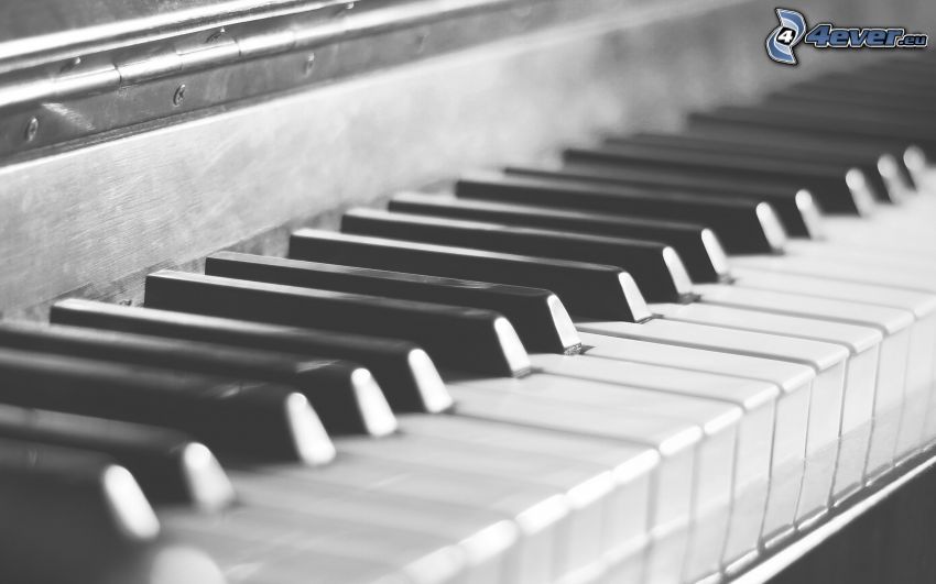 piano, svartvitt foto