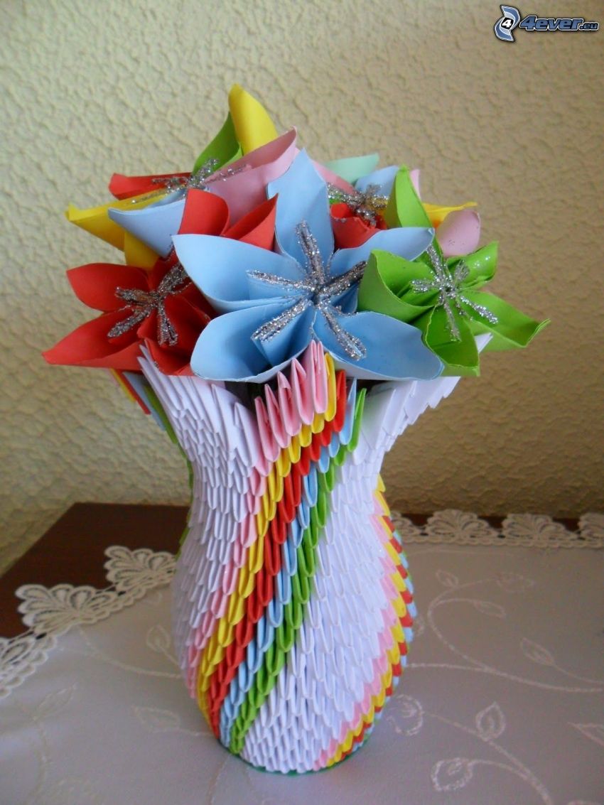 origami, blommor i vas, färggranna papper