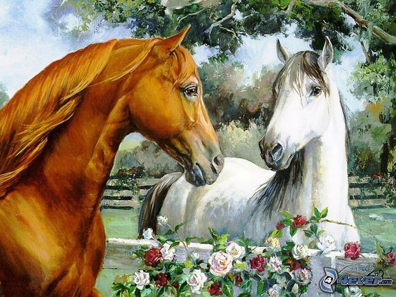 tecknade hästar, blommor, träd, bild