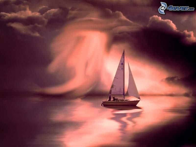 yacht, segelbåt, moln, sken