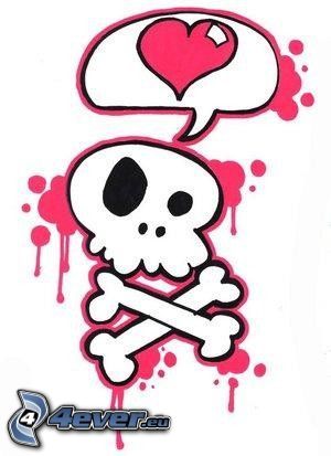 dödskalle, kärlek, hjärta, skelett