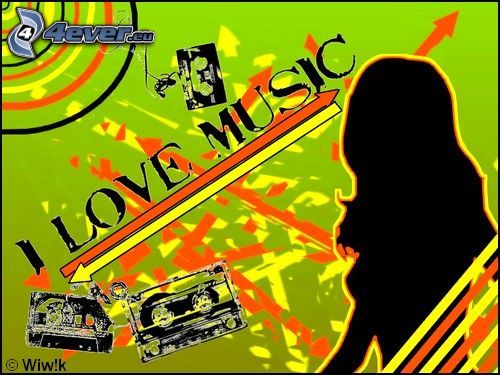 I Love Music, kärlek, musik, silhuett av kvinna, collage, kasettband