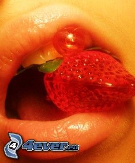 jordgubbe, läppar, tunga, mun