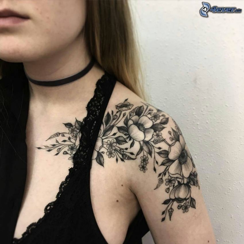 tatuering, blommor, linne