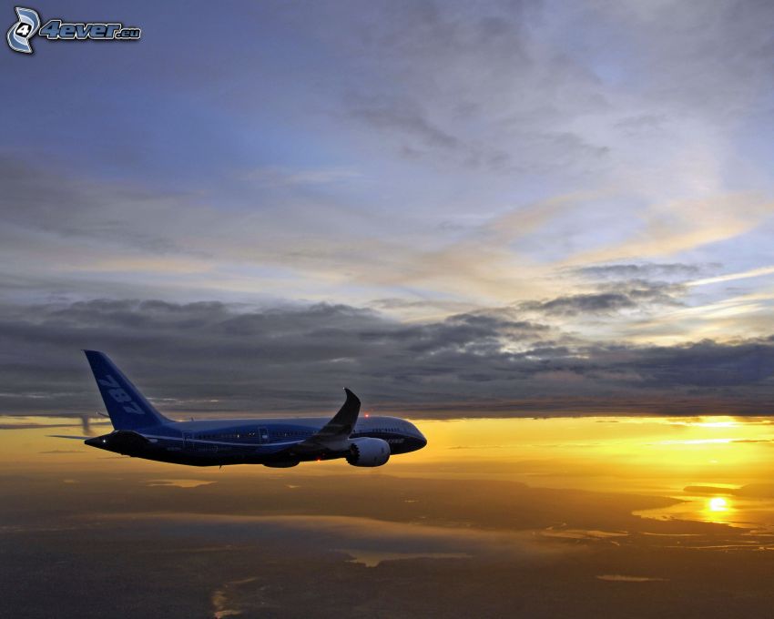 flygplan, solnedgång, moln