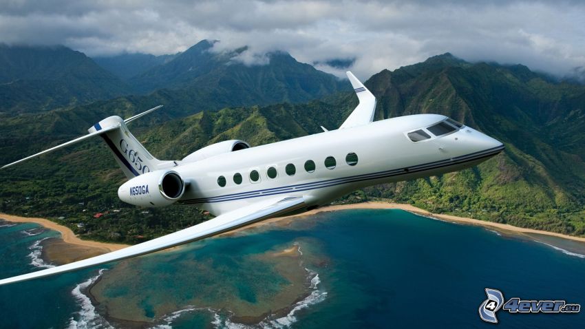 Gulfstream G650, privat jetplan, berg, hav