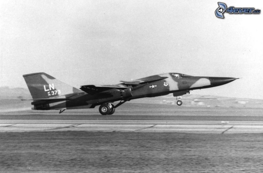 F-111 Aardvark, gammalt foto, svartvitt foto