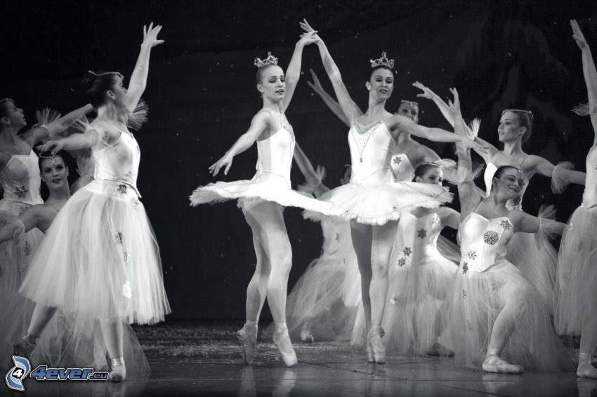 ballerinor, framträdande, dans, svartvitt foto