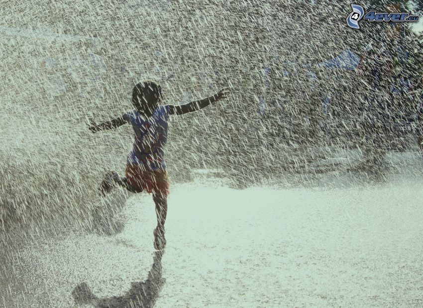 dans i regn, flicka, vattenpöl