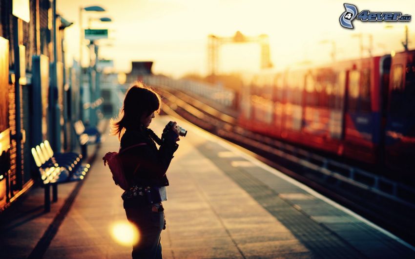 fotograf, järnvägsstation, solnedgång