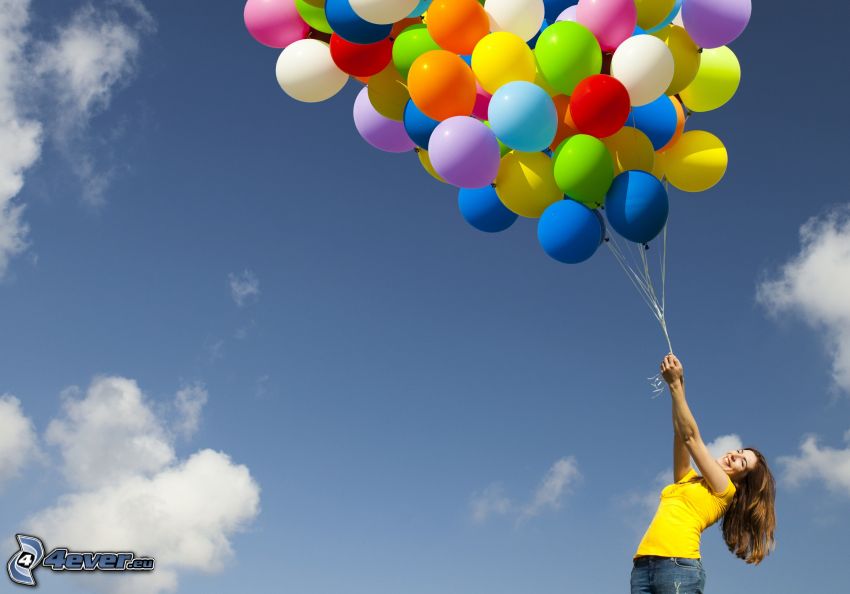 ballonger, kvinna, glädje