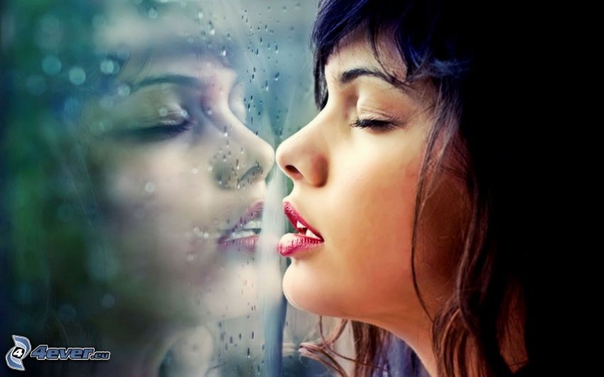 kvinna, regn, spegling