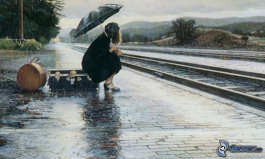 kvinna i regnet, järnvägsspår, järnvägsstation