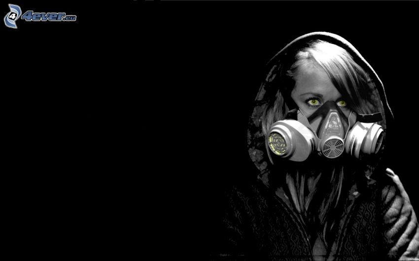 människa i gasmask, svartvitt foto