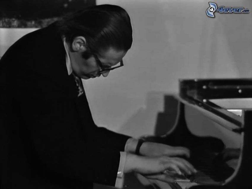 Bill Evans, pianist, pianospel, svartvitt foto