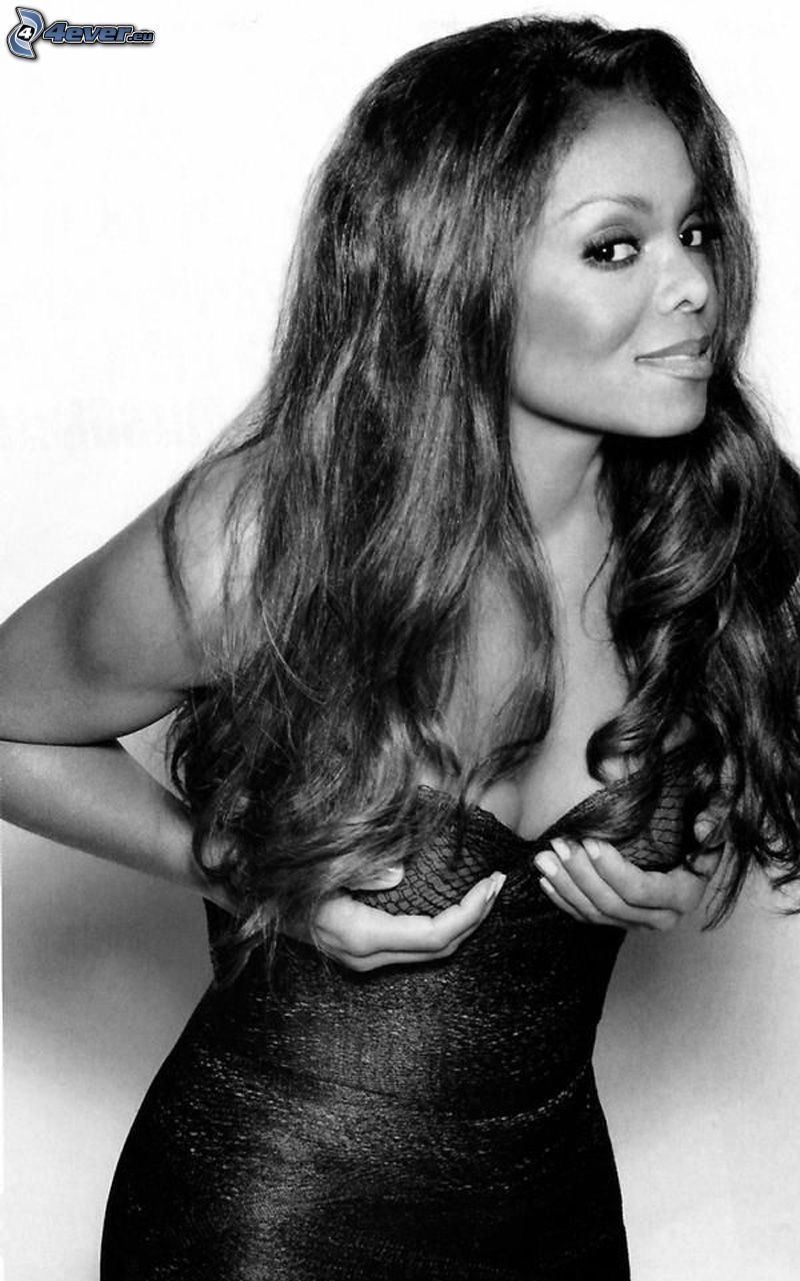 Janet Jackson, händer på bröst, svartvitt foto