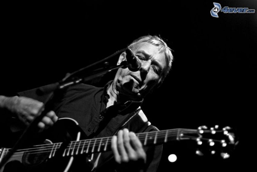 John Cale, gitarrspelare, svartvitt foto