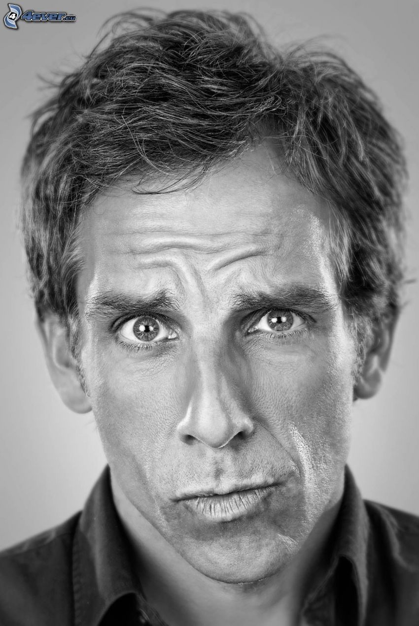 Ben Stiller, grimaser, svartvitt foto