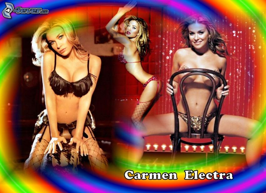 Carmen Electra, blondin, sexig kvinna på stol, regnbågsfärger