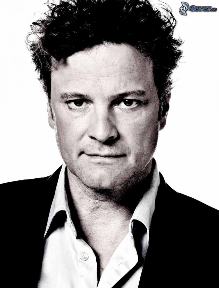 Colin Firth, blick, svartvitt foto