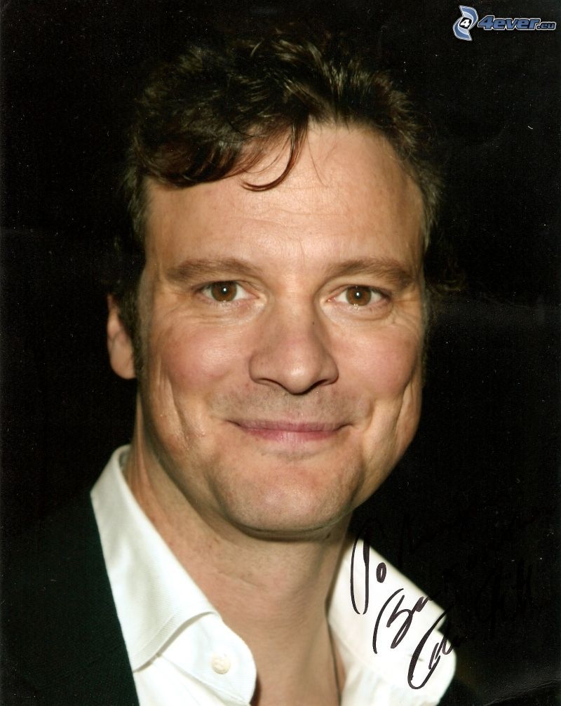 Colin Firth, leende, namnteckning