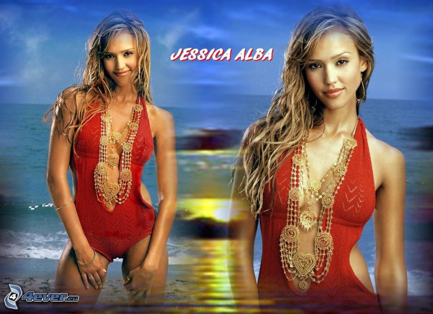 Jessica Alba, sexig kvinna i bikini, kvinna på strand