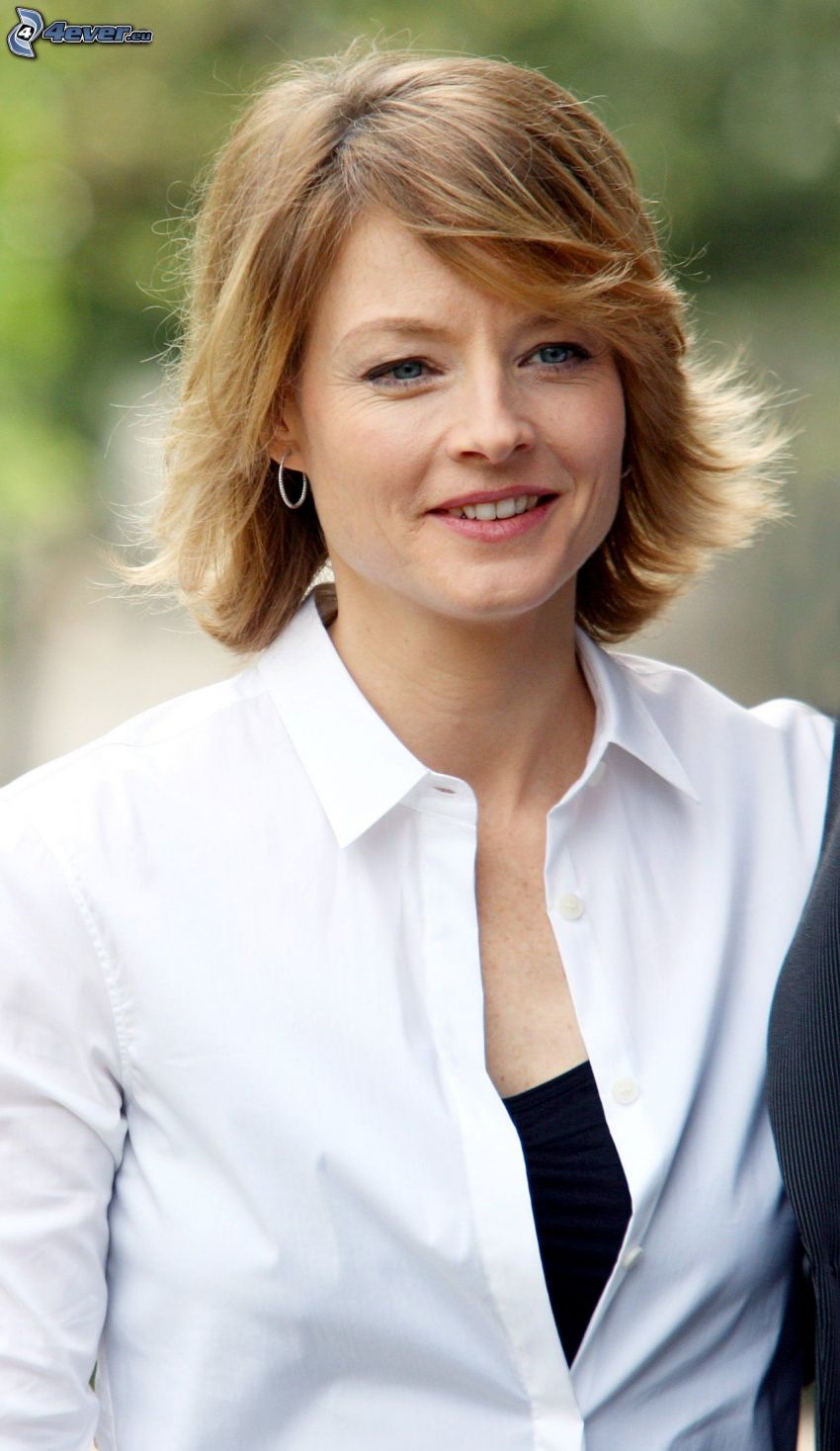 Jodie Foster, vit skjorta, leende