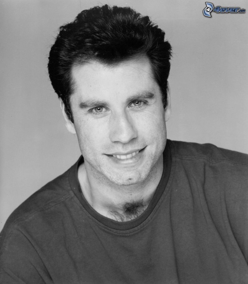 John Travolta, leende, i ungdomen, svartvitt foto