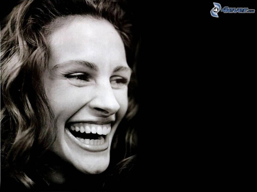 Julia Roberts, skratt, svartvitt foto