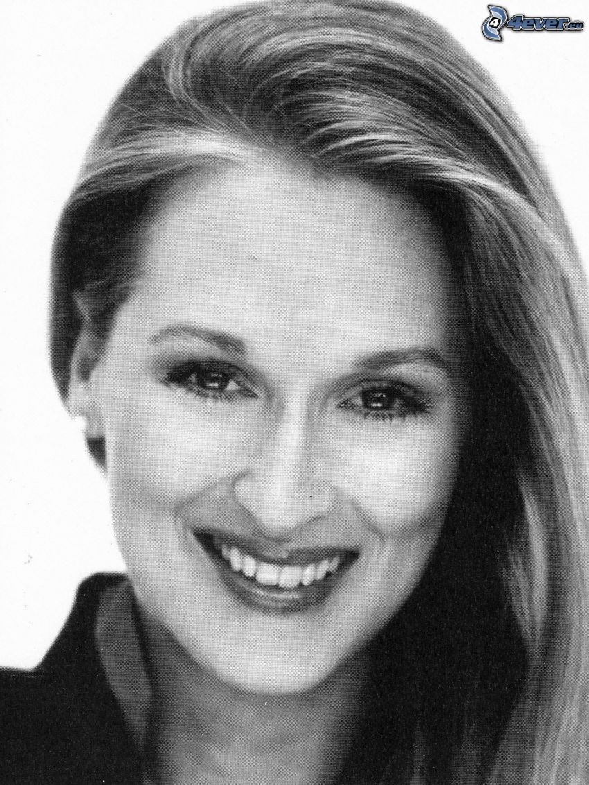 Meryl Streep, svartvitt foto, leende