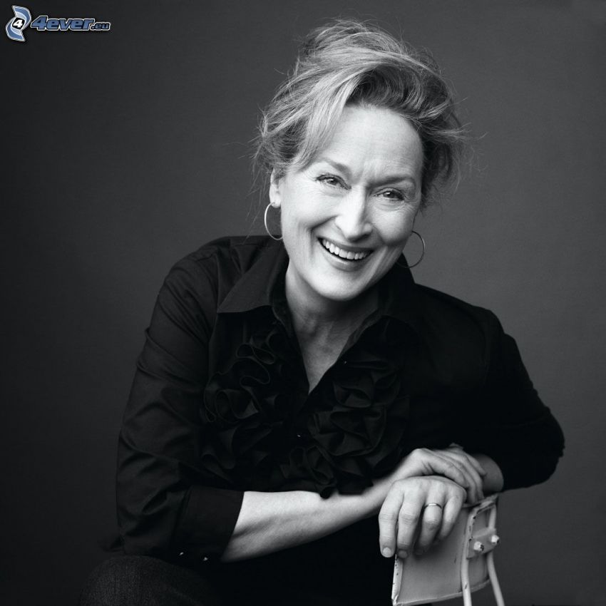Meryl Streep, svartvitt foto, leende